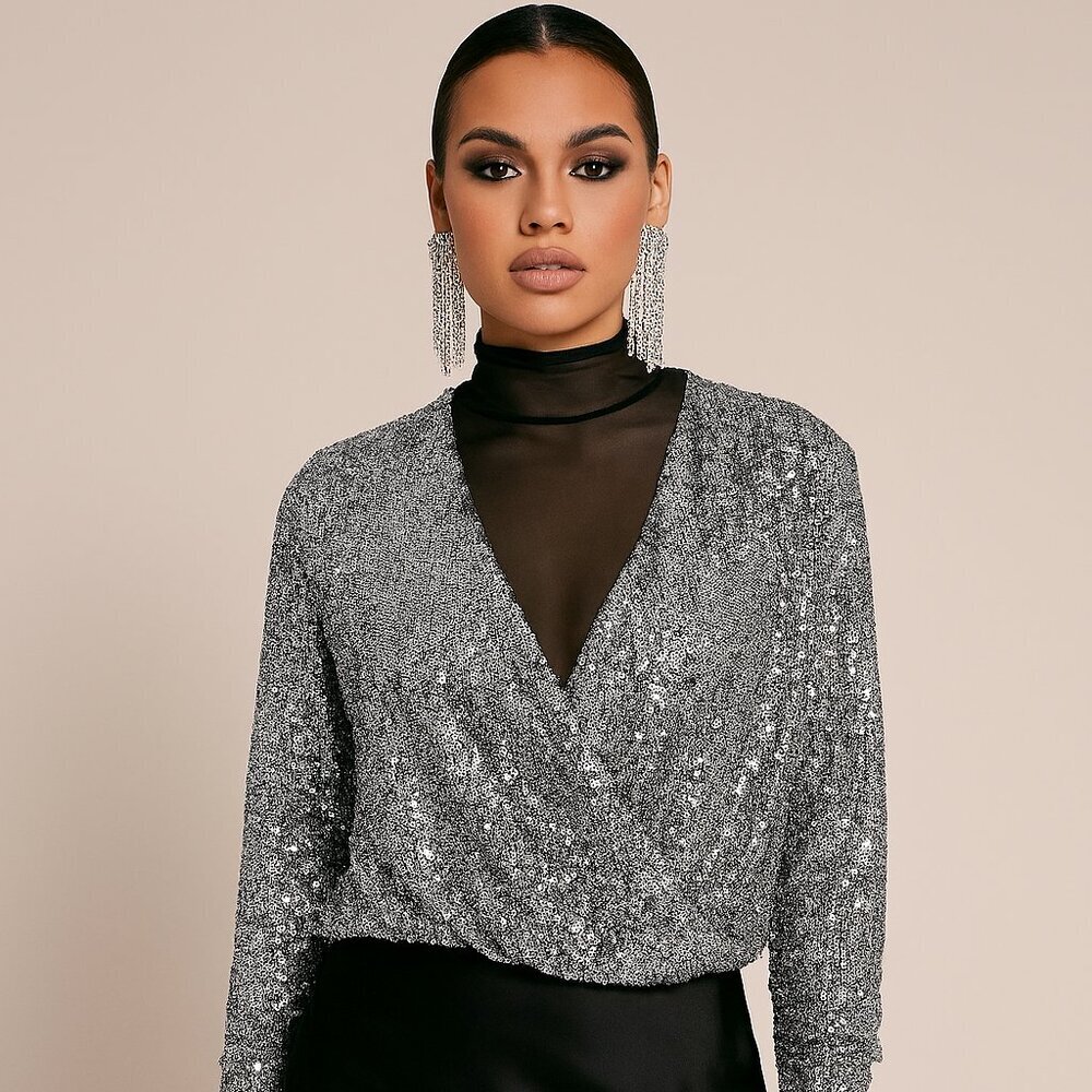 Gorgeous 'Rock & Shine" Reitmans Silver Sequin Crossover Top – XS/S – NWOT - Picture 9 of 10